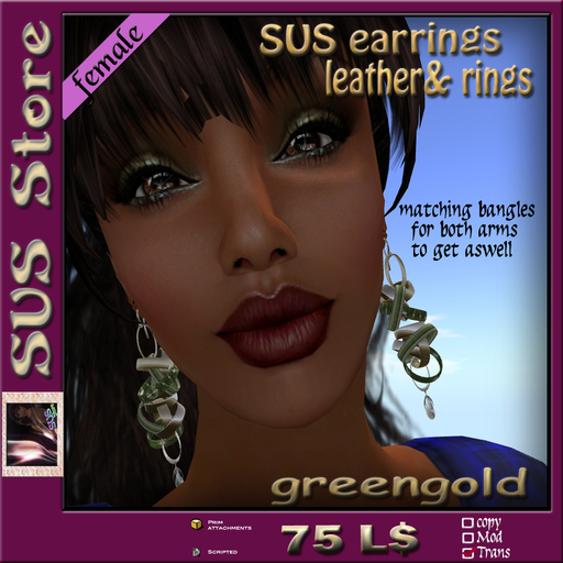 SUS Earrings leather&rings (greengold)