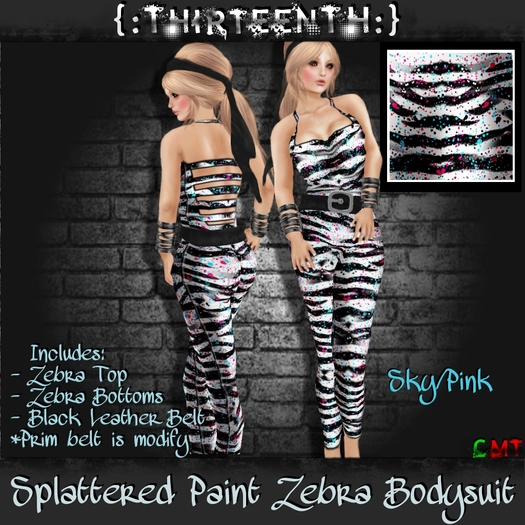 {:ThirteenTH:} Splattered Paint Zebra Bodysuit_Sky/Pink [boxed]