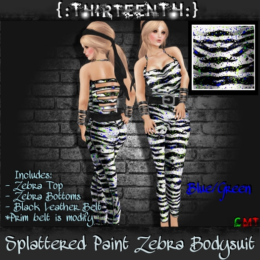 {:ThirteenTH:} Splattered Paint Zebra Bodysuit_Blue/Grn [boxed]