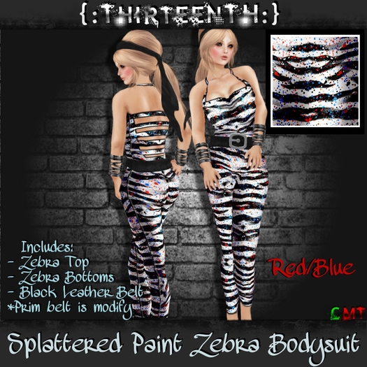 {:ThirteenTH:} Splattered Paint Zebra Bodysuit_Red/Blue [boxed]
