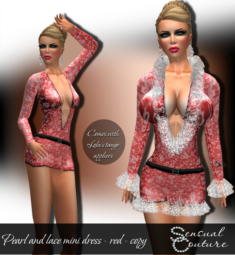 Pearl and lace mini dress   * red *