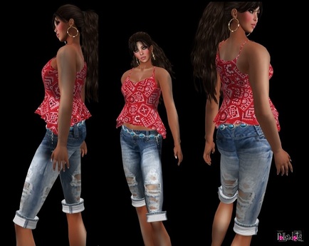 Second Life Marketplace Country Girl Mesh Bandana Tank Top And Capri Jeans Red