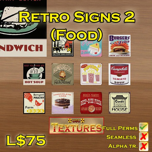 Second Life Marketplace - USC Textures - Retro Signs 2 (Food)
