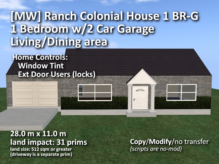 Second Life Marketplace [MW] Ranch Colonial House 1 BR / 2 Car Garage