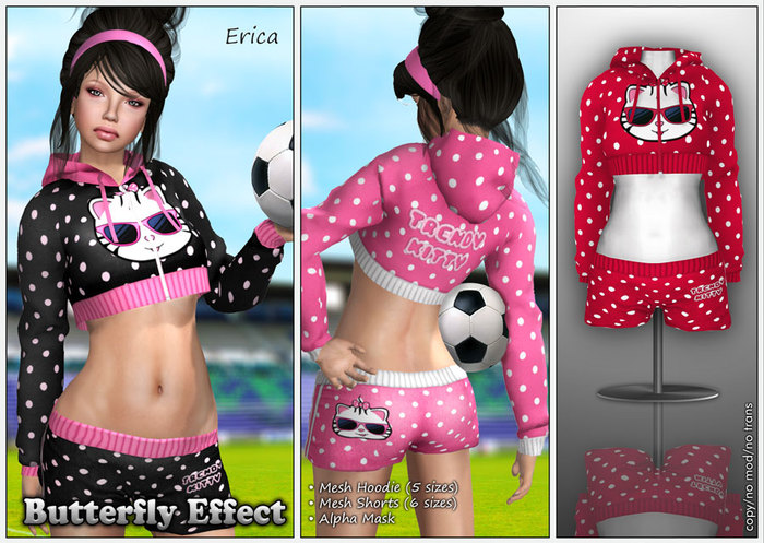BE Designs- Erica: Rigged Mesh Hoodie & Shorts. Trendy Kitty. Red