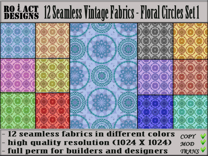 Ro!Act Designs 12 Seamless Vintage Fabrics - Floral Circles Set 1