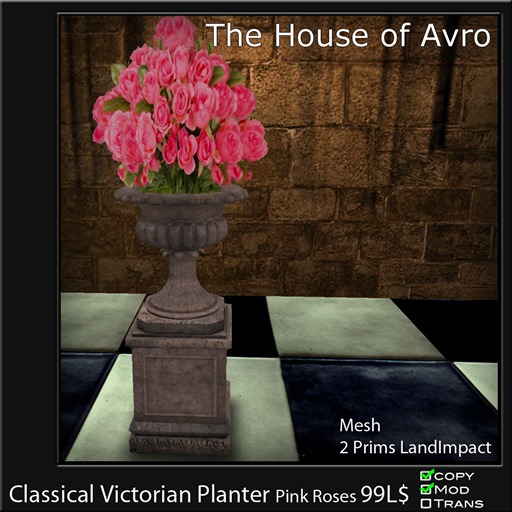 Classical Victorian Planter with Pink Roses - Mesh - 2 Prims