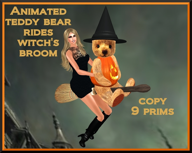 Teddy Bear in Pumpkin Costume Rides Witch Broomstick
