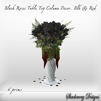 Wedding Column with Black Roses, Ivy Vines & Draped Black & Red Silk Cloth Table Top Decor.