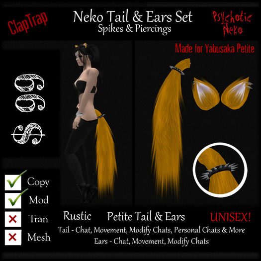 PN Petite Neko Tail & Ears Set Spikes + Pierced Rustic