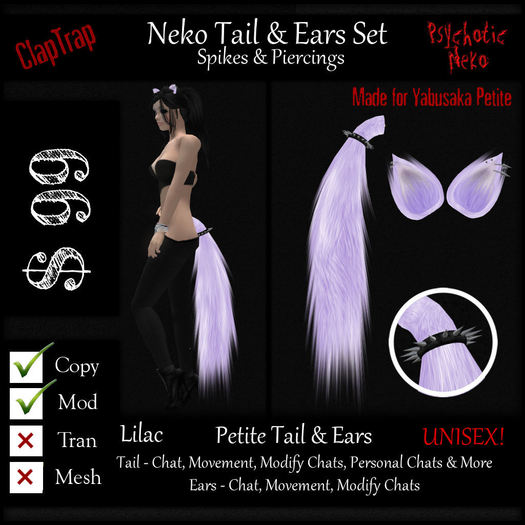 PN Petite Neko Tail & Ears Set Spikes + Pierced Lilac