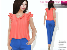 RIGGED MESH Women's Round Neck Ruffled Cap Sleeve Frilled Blouse Top - 3 TEXTURES Orange Purple Teal