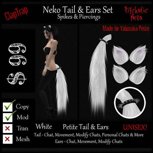 PN Petite Neko Tail & Ears Set Spikes + Pierced White