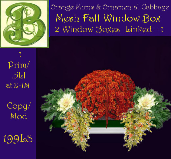 Mesh Fall  Window Flower Box:Orange Mums Ornamental Cabbage - 1 Prim