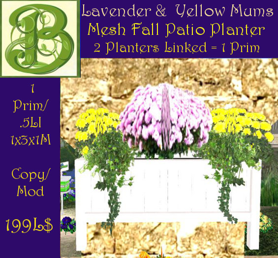 Mesh Fall Patio Planter  Lavender & Yellow Mums.- 2 Planters = 1 Prim