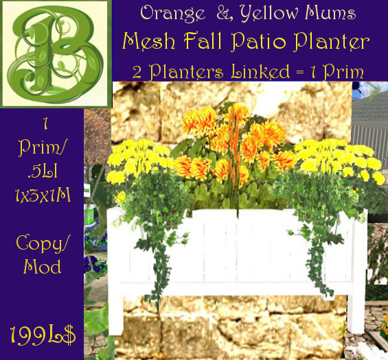 Mesh Fall Patio Planter Yellow & Orange  Mums.- 2 Planters = 1 Prim