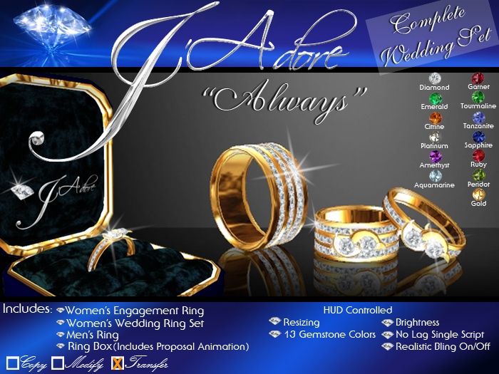 !J'Adore! "Always" Full Wedding Set (All Rings)  ~ Includes Engagement Ring Box with Proposal Animation