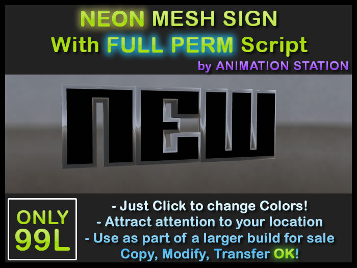 3D Mesh Neon Sign [ New ] 2 - Click To Change Colors FULL PERM Script
