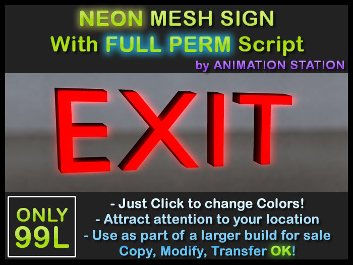 3D Mesh Neon Sign [ Exit ] - Click To Change Colors FULL PERM Script