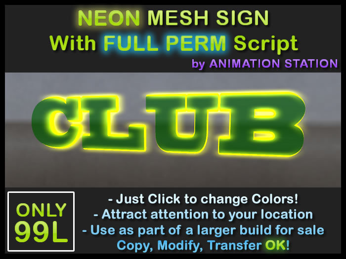 3D Mesh Neon Sign [ Club ] - Click To Change Colors FULL PERM Script