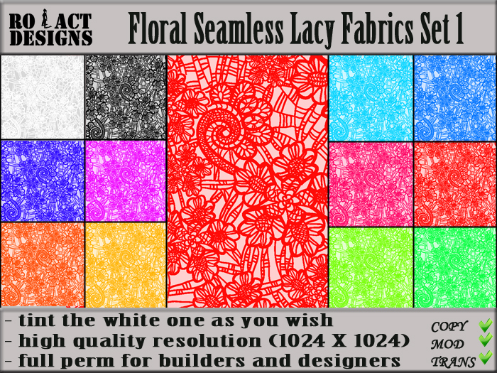 Ro!Act Designs 12 Floral Seamless Lacy Fabrics Set 1