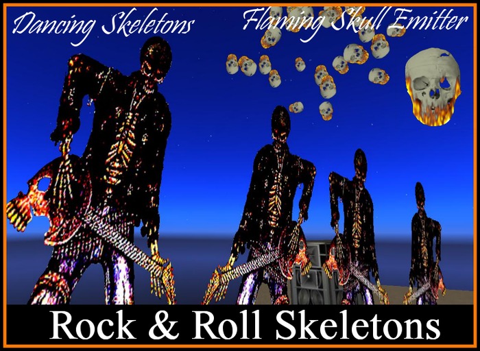 Rock and Roll Skeletons, Animated Flexi + Flaming Skull Emitter  - (Rockin Gold Bronzed Color ) **Fantasy's**