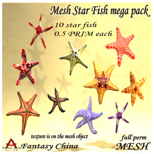 50% off Mesh Star Fish mega pack 10 in one pack  full perm 0.5 prim each