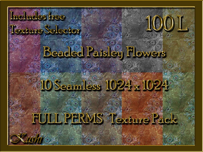 *Kushi* Paisley Flowers Silk Beading Seamless Texture Pack, Full Perms, High Res 1024 x 1024, Tileable, Repeating