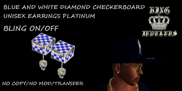 KJ-MICRO PAVE EARRING CHECKERBOARD BLUE/WHITE PLATINUM (BOXED)