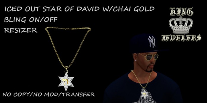 KJ-ICED OUT STAR OF DAVID W/CHAI CHAIN (GOLD) (BOXED)