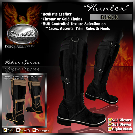 PROMO ~ New Release SALE ~ !Drakke! "Ranger" Boots (Black) with Unsheathed Knife Appearance Option ~ SL Viewer 2 Ready