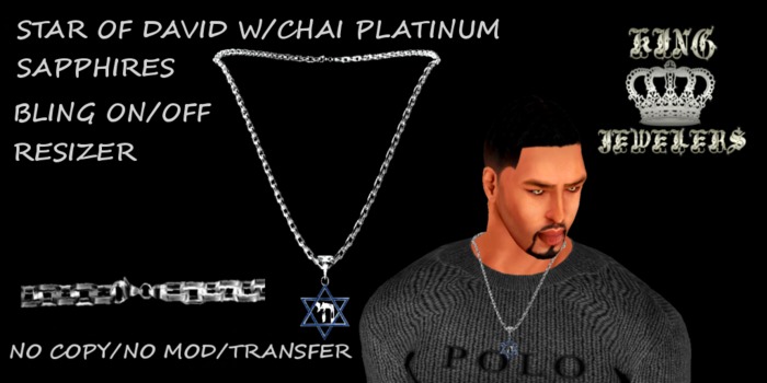 KJ-STAR OF DAVID W/CHAI CHAIN (PLATINUM W/ SAPPHIRES) SEPTEMBER