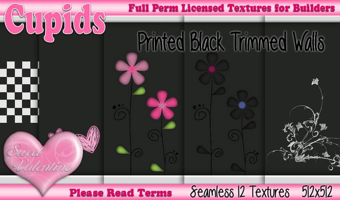 *Cupids Textures * 12 PRINTED BLACK TRIMMED WALLS