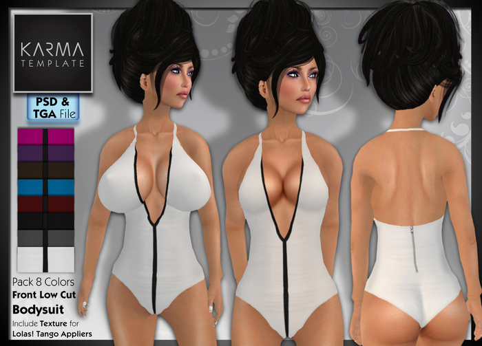 Karma Template - PSD & Tga - Front Low Cut Bodysuit with Lolas Tango - 8 Colors