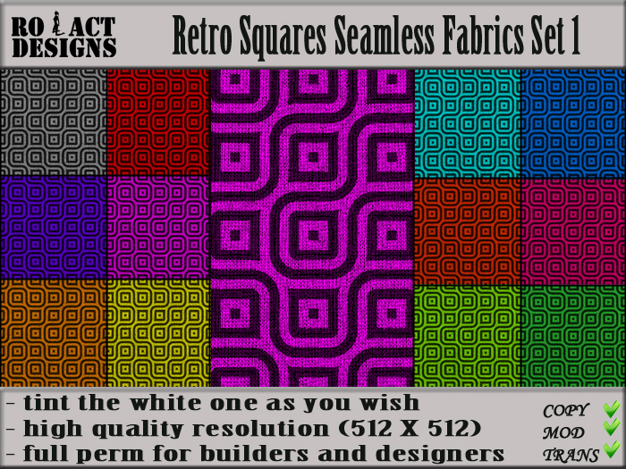 Ro!Act Designs 12 Retro Squares Seamless Fabrics Set 1