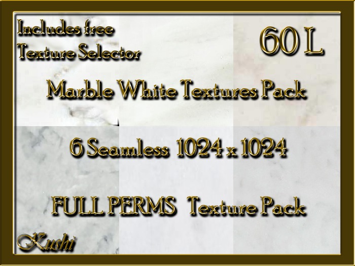 *Kushi* Marble White Seamless Texture Pack, Full Perms, High Res 1024 x 1024, Tileable, Repeating