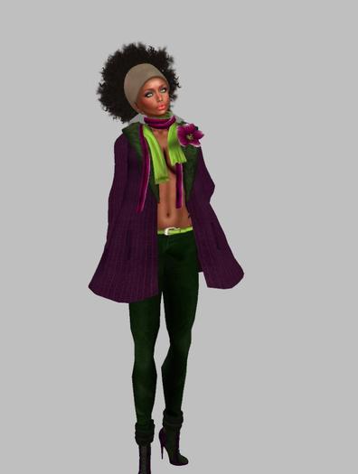 coat violet leggin green boots scarf