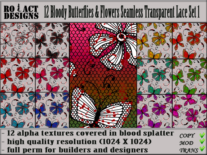 Ro!Act Designs 12 Bloody Butterflies & Flowers Seamless Transparent Lace Set 1