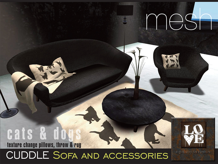 MESH Cats & Dogs Texture Change Designer Cuddle & Massage Sofa with accessories, Low prim, PROMO PRICE!