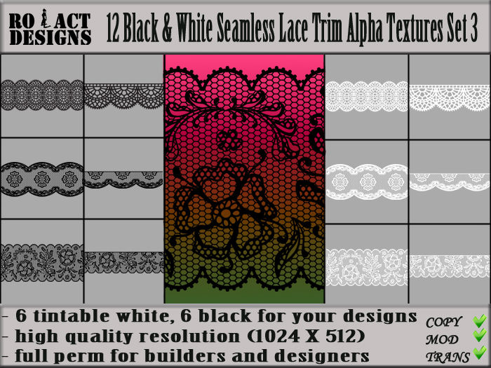 Ro!Act Designs 12 Black & White Seamless Lace Trim Alphas Set 3