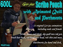 Gor-jus Scribe Pouch with animated quill and parchment