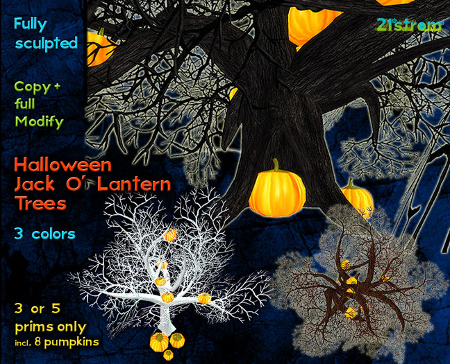 21strom Pack of 6 Halloween Jack O' Lantern Trees - sculpted, with 8 pumpkins, 3 colors, copy, modify, 3 or 5 prims only