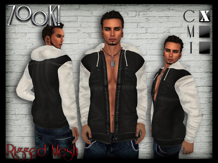Mens Open Hooded Jacket - (Rigged Mesh) - Black n Grey