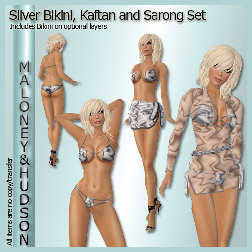 Ladies Silver Bikini, Kaftan and Sarong Set