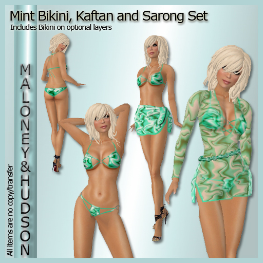 Ladies Mint Bikini, Kaftan and Sarong Set