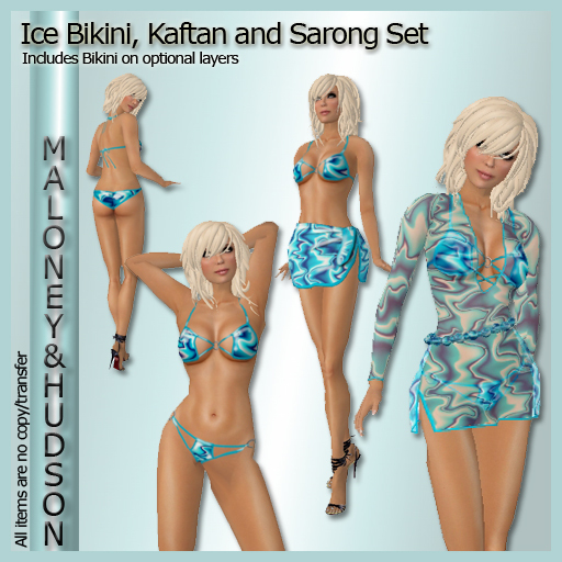 Ladies Ice Bikini, Kaftan and Sarong Set