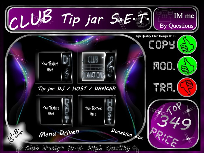 Club Tip jar Set 12 >> Cool Club Set Menu Driven <<