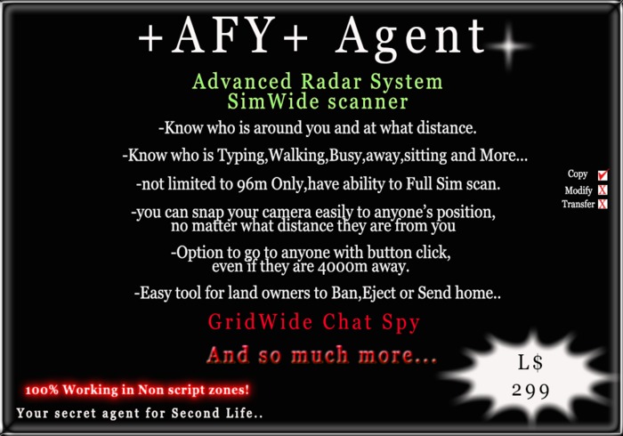 +AFY+ Agent - Advanced Radar System (Gridwide chat spy & Simwide scanner)