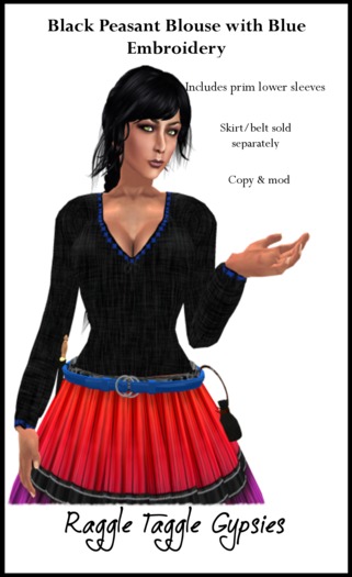 RTG Black Peasant Blouse with Blue Embroidery