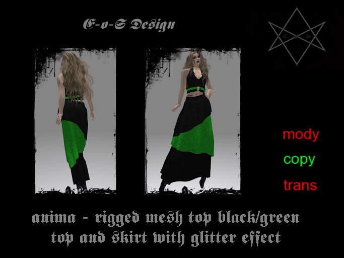 Anima rigged mesh top and skirt with glitter effect black/green